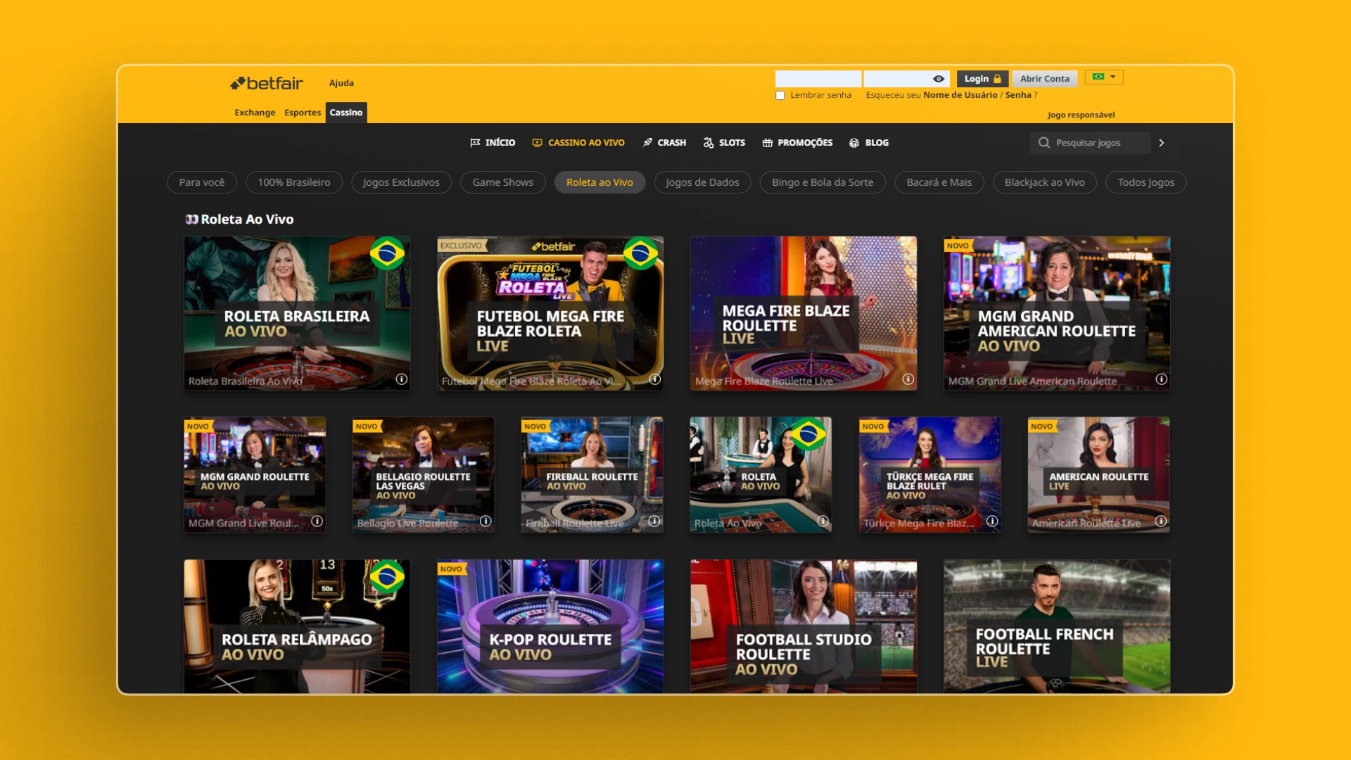 screenshot cassino ao vivo Betfair