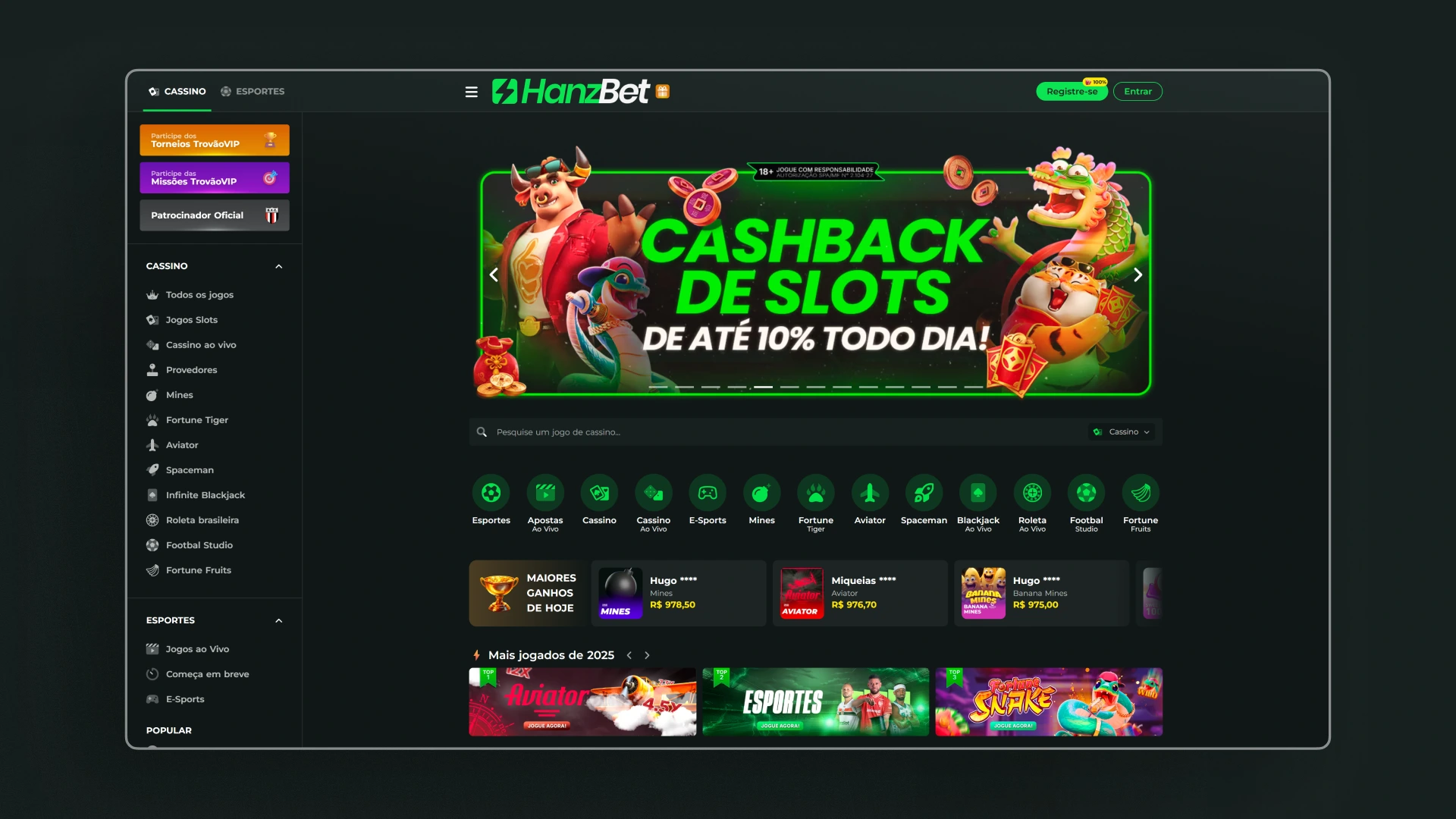 screenshot pagina inicial HanzBet