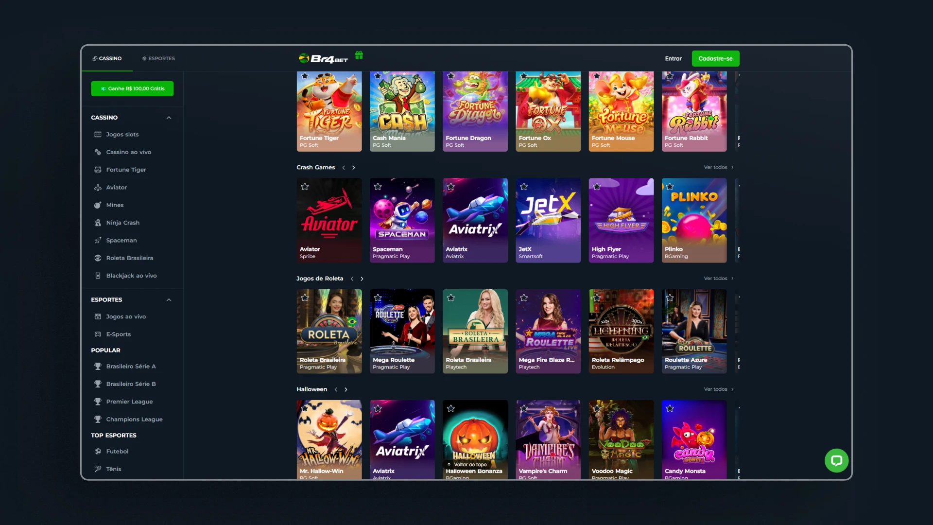screenshot pagina inicial cassino Br4Bet