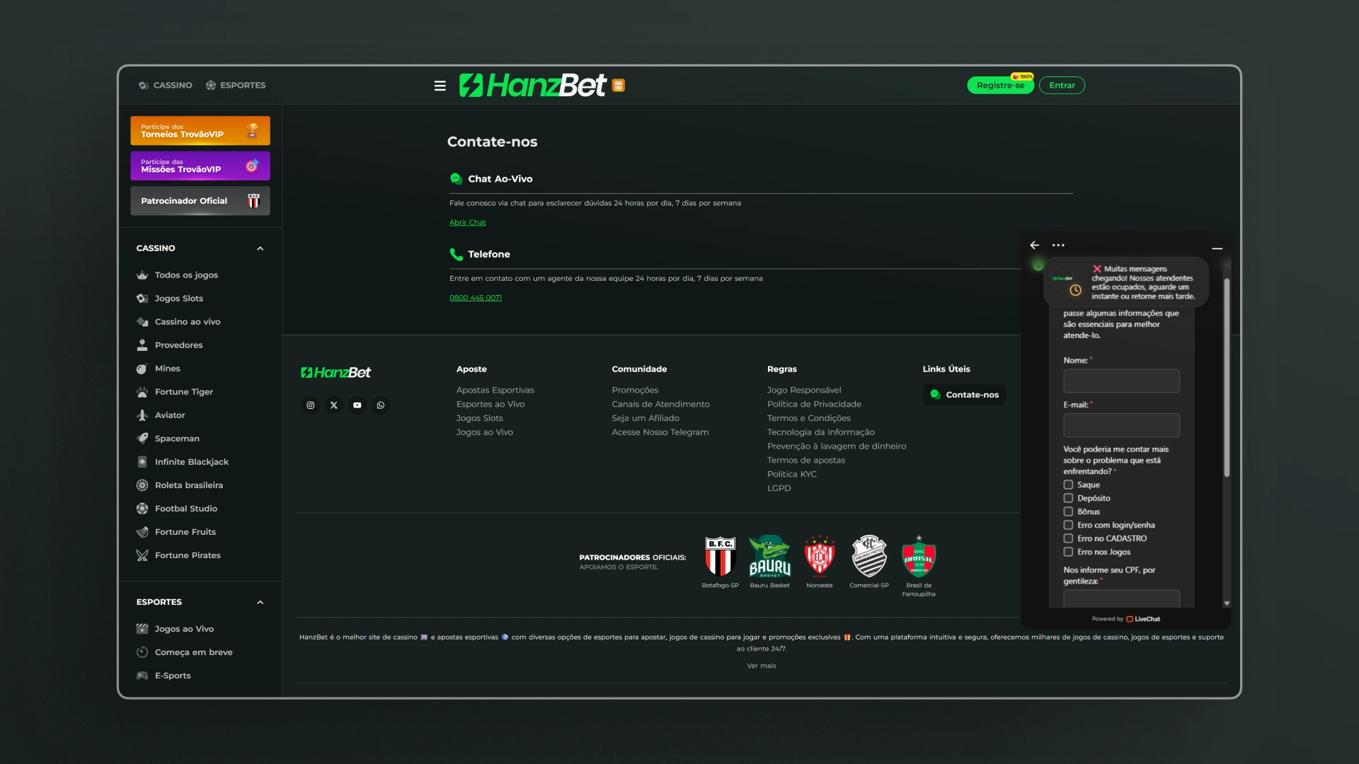 screenshot suporte HanzBet