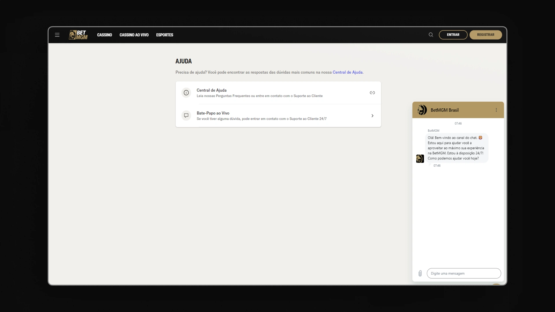 screenshot suporte betmgm