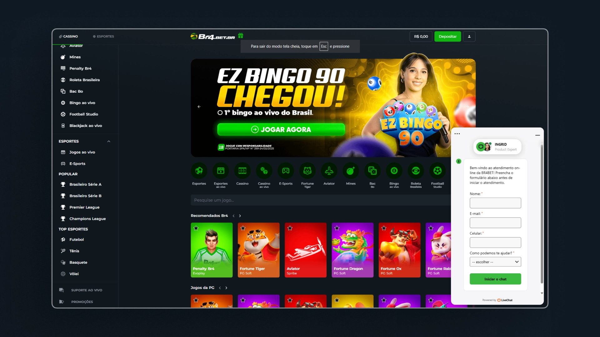 screenshot suporte chat ao vivo Br4Bet