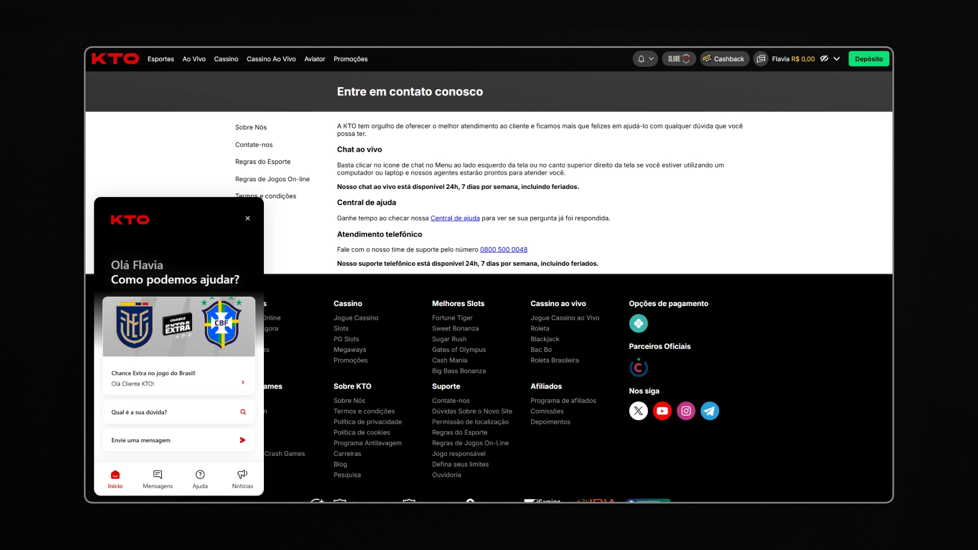 screenshot suporte chat ao vivo kto