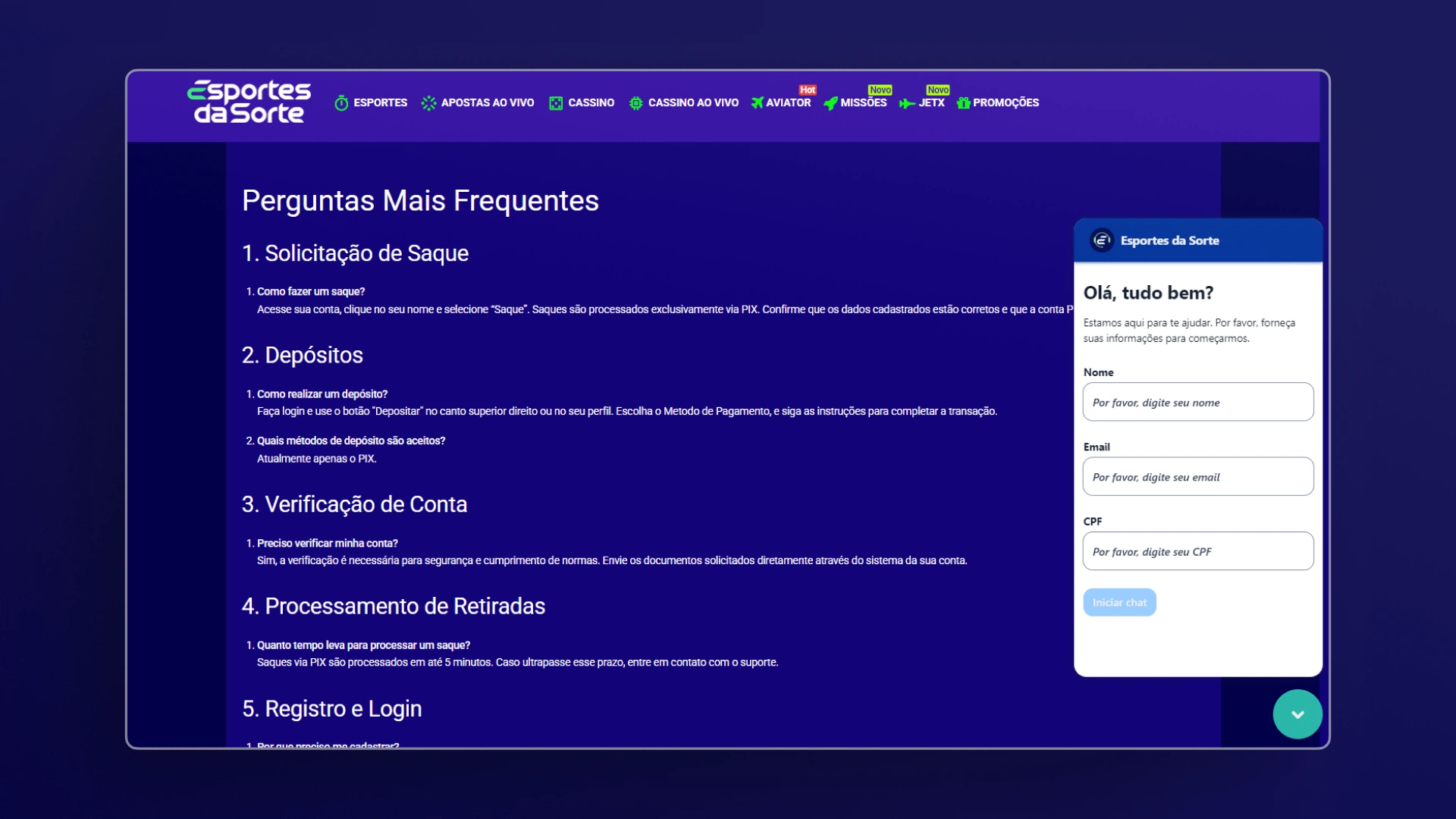 screenshot suporte esportes da sorte