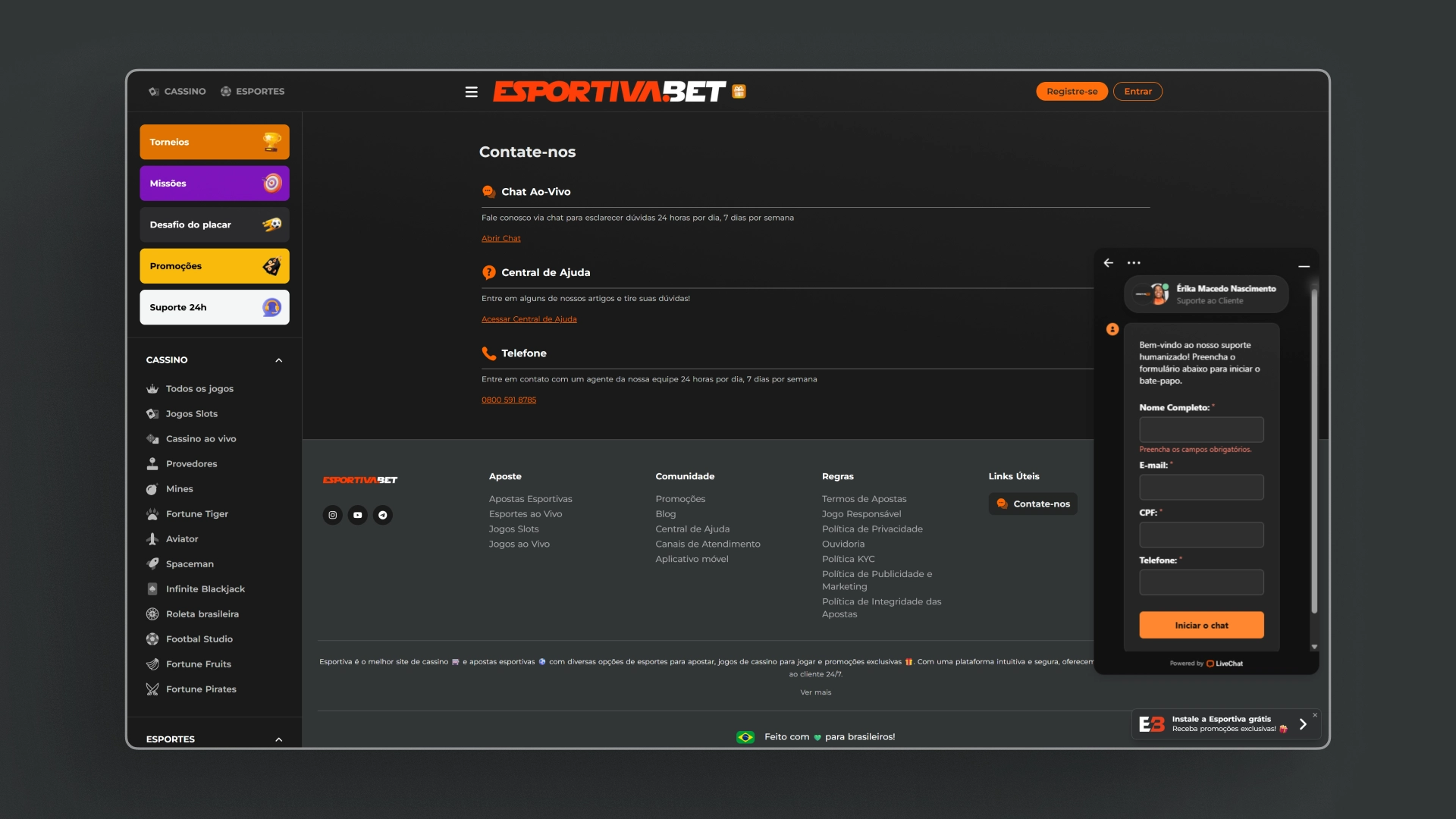 screenshot suporte esportivabet