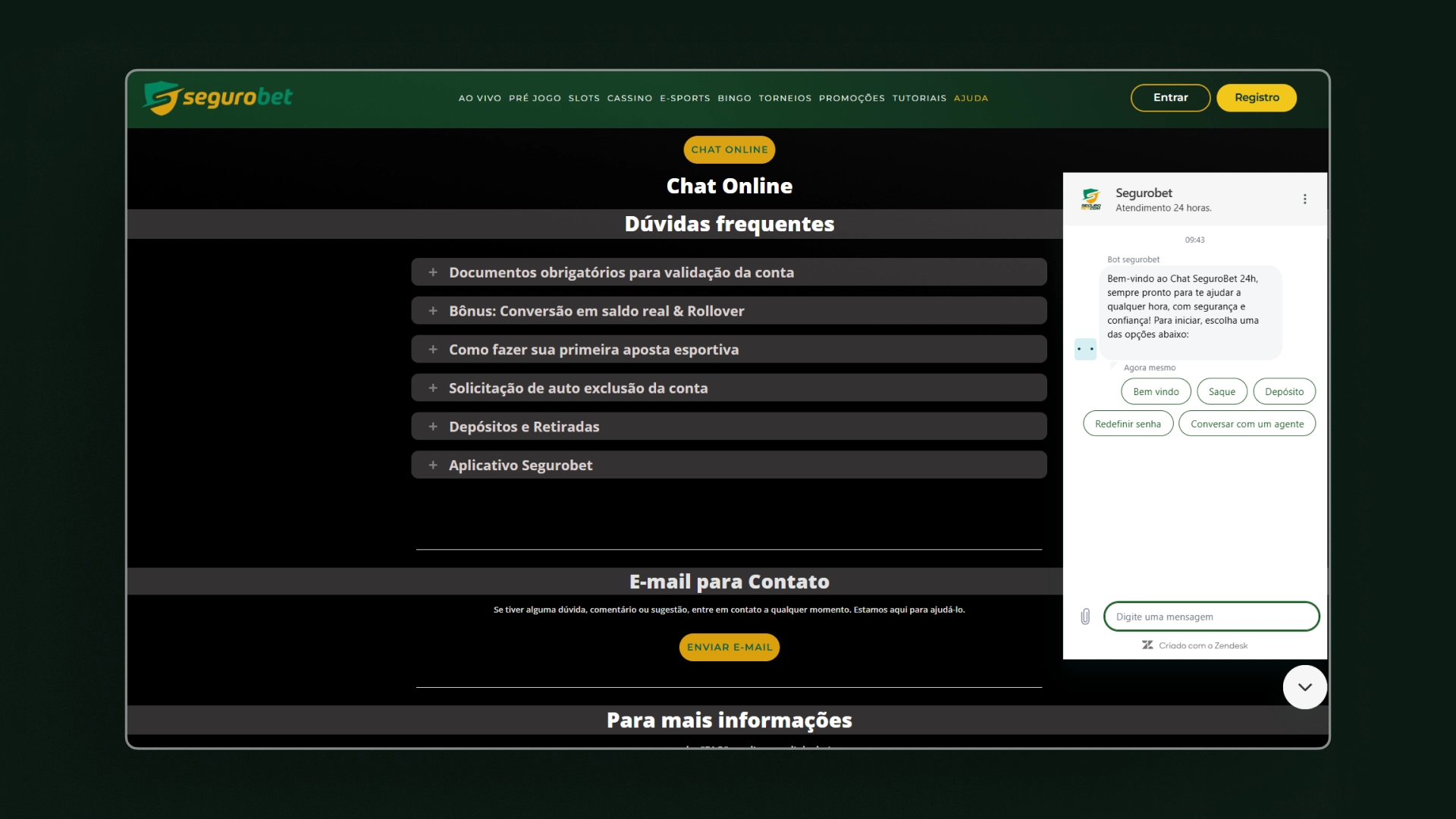 screenshot suporte segurobet