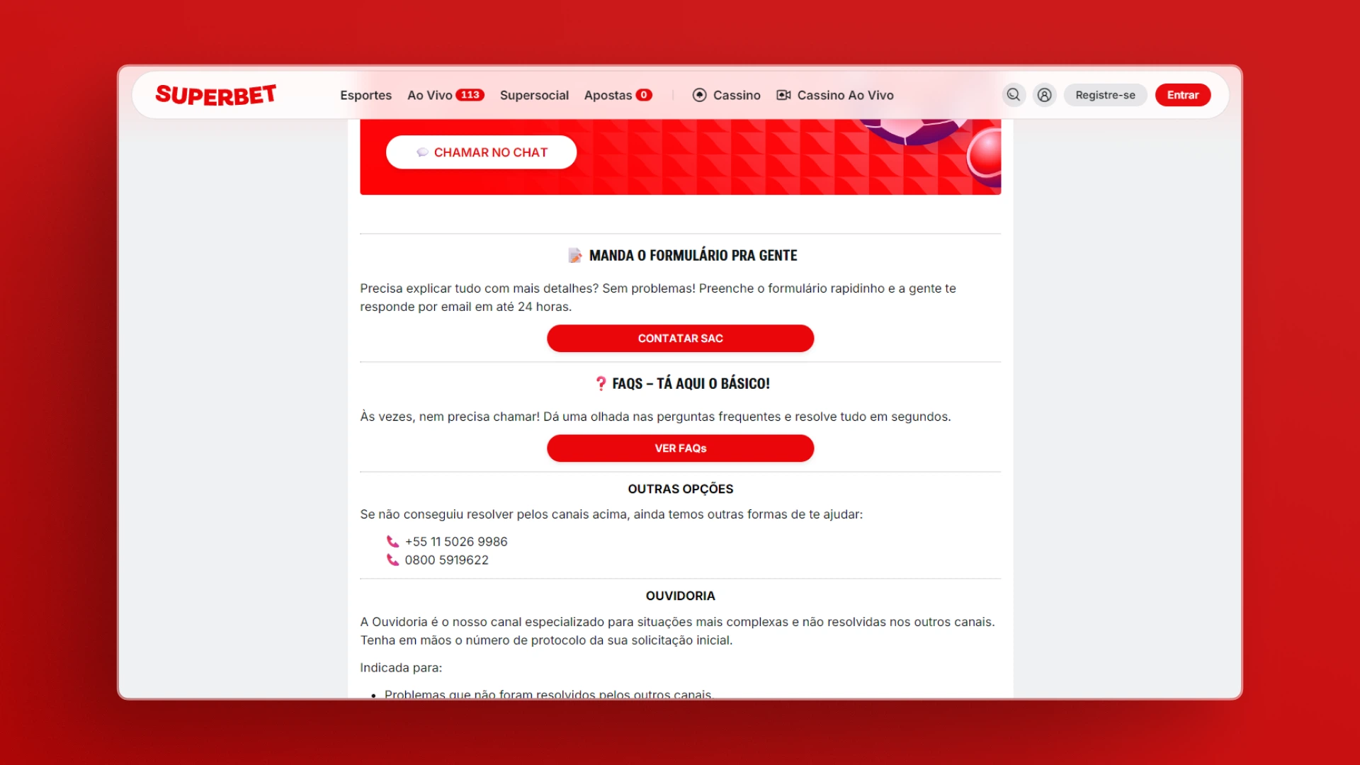 screenshot suporte superbet